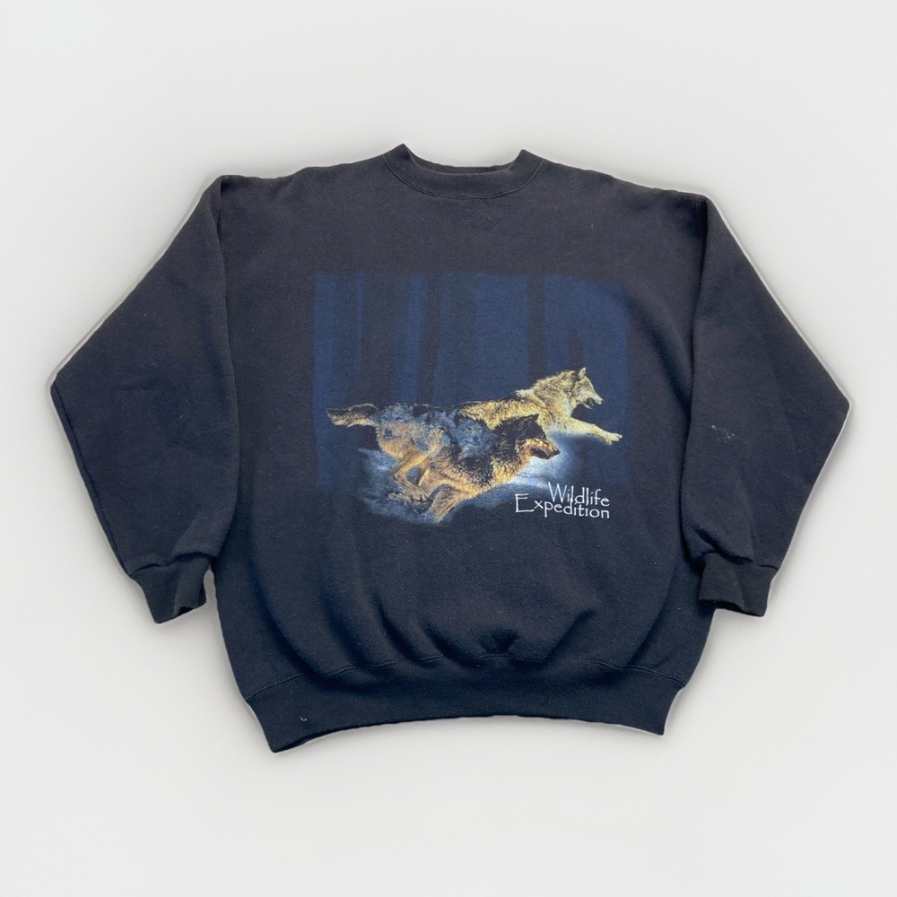 Vintage Wolf Sweatshirt Mens L Black Nature Wildlife Landscape Artwork 90s